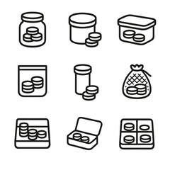 Everyday Coin Storage Icons. Outline icon set of everyday coin storage: glass jar, metal tin, plastic container, zip lock bag,