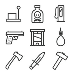 Execution Instruments Icons Set. Outline icon set of execution instruments: trapdoor lever, poison vial, electric chair switch,