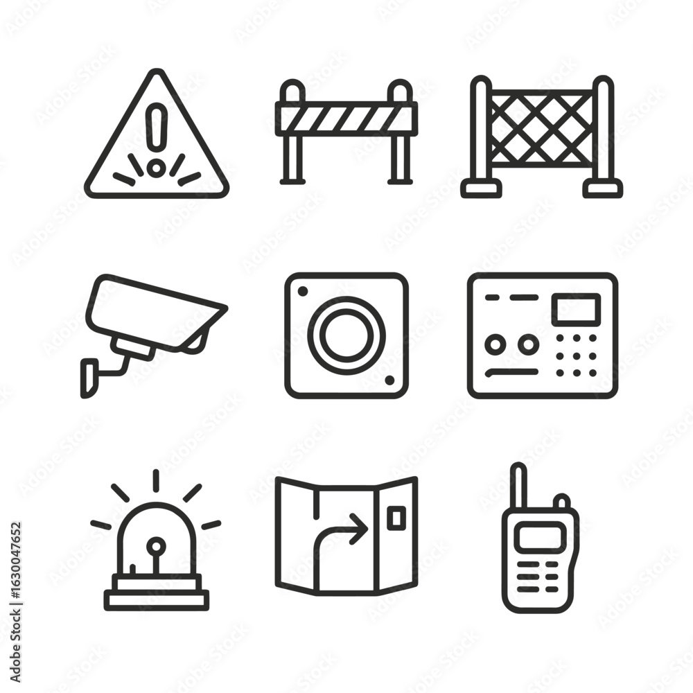 Poster explosive safety icon set. outline icon set of explosive warning and control: danger sign, no entry 