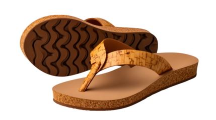 Tan cork sole sandals with one tilted upward to show grip pattern, transparent background,