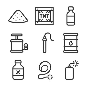 Explosive Materials Icons. Outline icon set of explosive materials: gunpowder, TNT crate, nitroglycerin vial, detonator wire,