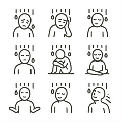 Rain Emotions Icons. Outline icon set of rain in emotions: sadness, melancholy, reflection, calmness, solitude, nostalgia, comfort