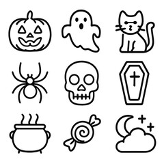 Gothic Holiday Icons. Outline icon set of gothic whimsy holidays: Halloween pumpkin, ghost, black cat, spider,