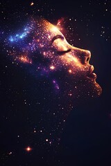 Woman's Face Blended with Cosmic Galaxy in Fantasy Digital Style. Poster design of a woman with galaxy effect