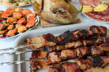 festive christmas dinner roast duck with apples and barbecue