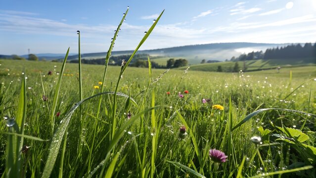 Fresh green grass in a vibrant summer meadow with dew drops reflecting the blue sky