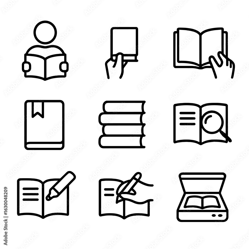 Poster reading actions icons. outline icon set of reading actions: reading person, book in hand, turning pa