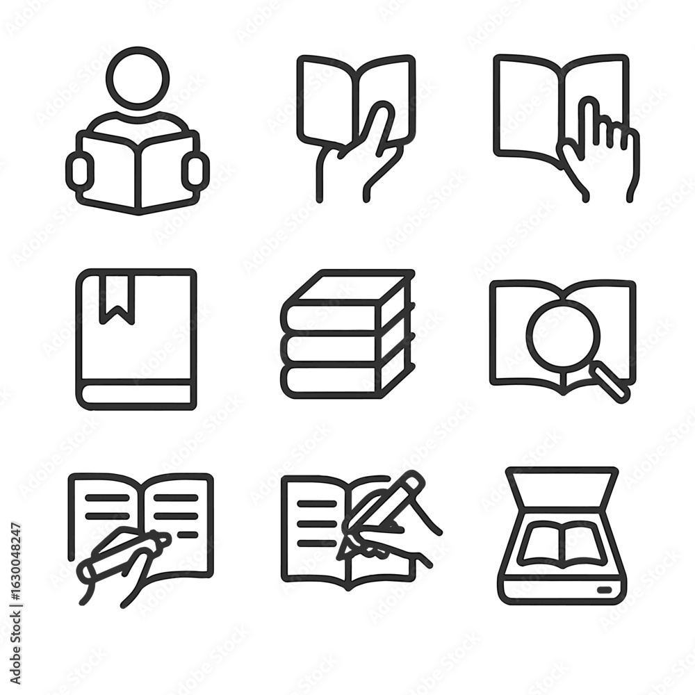 Poster reading actions icons. outline icon set of reading actions: reading person, book in hand, turning pa
