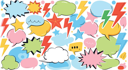 Colorful comic book style speech bubbles and lightning bolts pattern