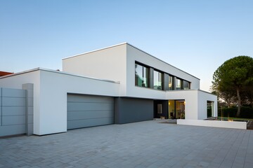 Modern Minimalist Home Exterior with Garage and Garden