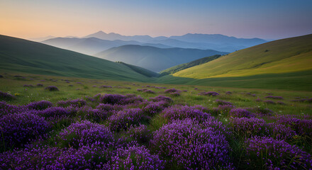 Obraz premium Purple flowers field mountains landscape scenic view nature travel destination summer vacation outdoors 100