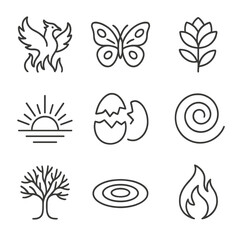 Rebirth Icon Collection. Outline icon set of rebirth in art: phoenix painting, butterfly sketch, blooming flower icon, sunrise