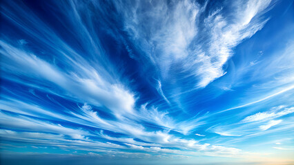 Expansive blue sky filled with wispy cirrus clouds streaking across the horizon under bright sunlight