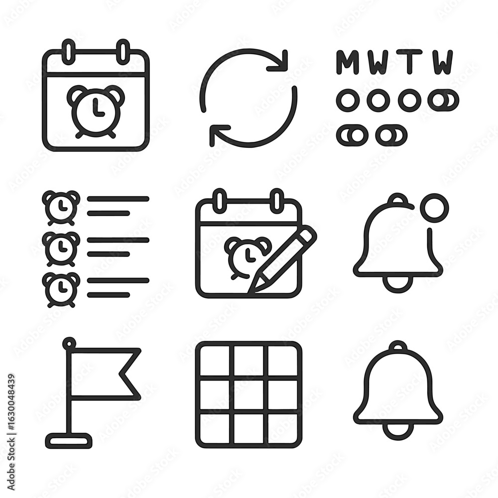 Poster recurring alarm icons. outline icon set of recurring alarm schedules: calendar with alarm mark, repe
