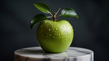Single fresh green apple with water droplets on a marble pedestal