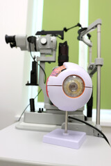 A detailed anatomical eye model on a stand sits in front of a slit lamp biomicroscope in a clinical setting, illustrating eye anatomy for ophthalmology or optometry education.
