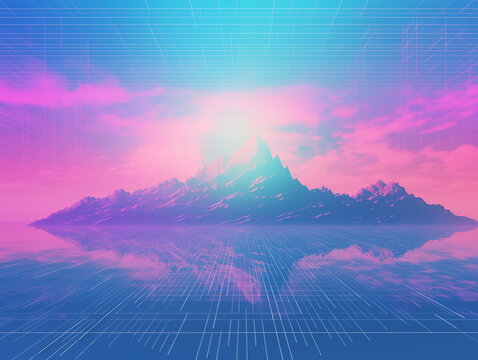 Vibrant retro synthwave landscape with neon mountains reflecting on a digital grid ocean at sunset