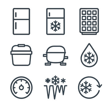 Refrigeration Icon Set. Outline icon set of refrigeration: refrigerator outline, freezer compartment, ice cube tray, cooler box,