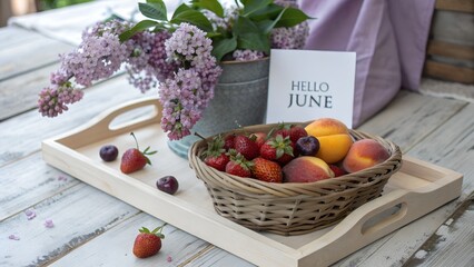 Summer freshness. basket of fruits and lilacs on wooden tray with 'hello june' card