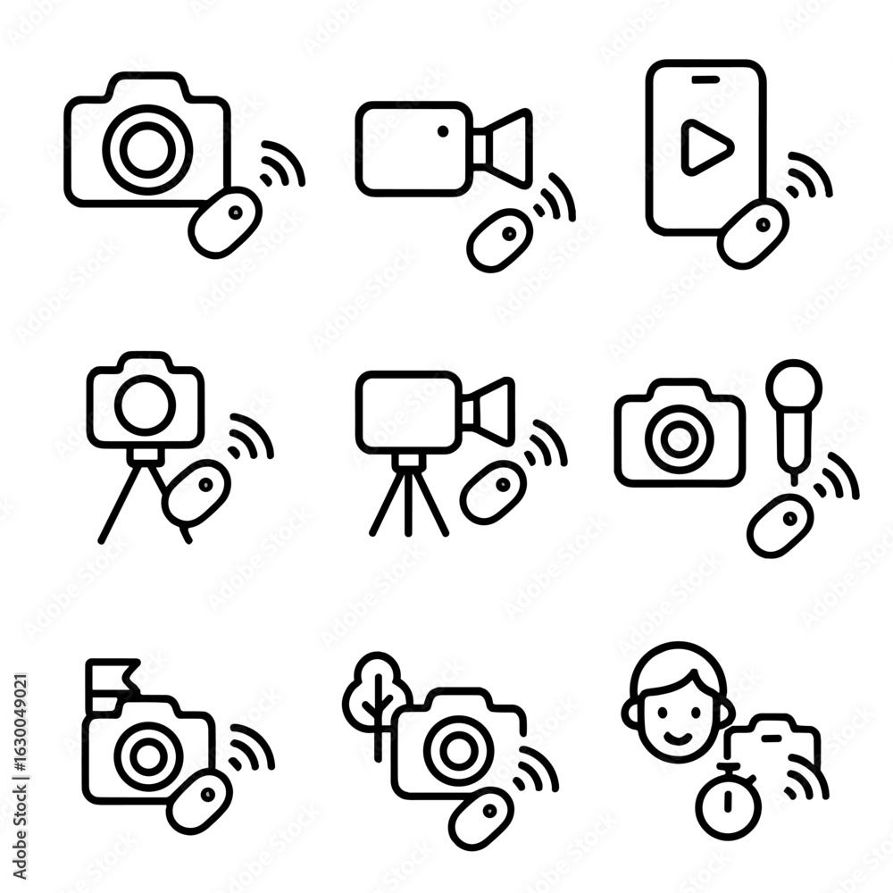 Poster remote shutter icon set. outline icon set of remote shutter application types: photography, videogra