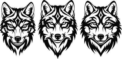 Wolf head illustration, tribal tattoo design, fierce animal face, black and white vector, wild beast symbol, graphic art