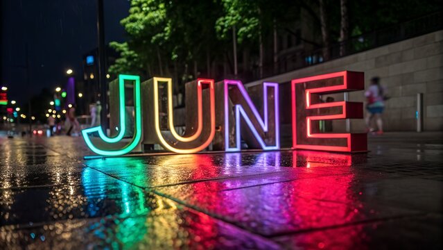 Vibrant Neon Sign Spelling June Against a Dark Background with Colorful Reflections
