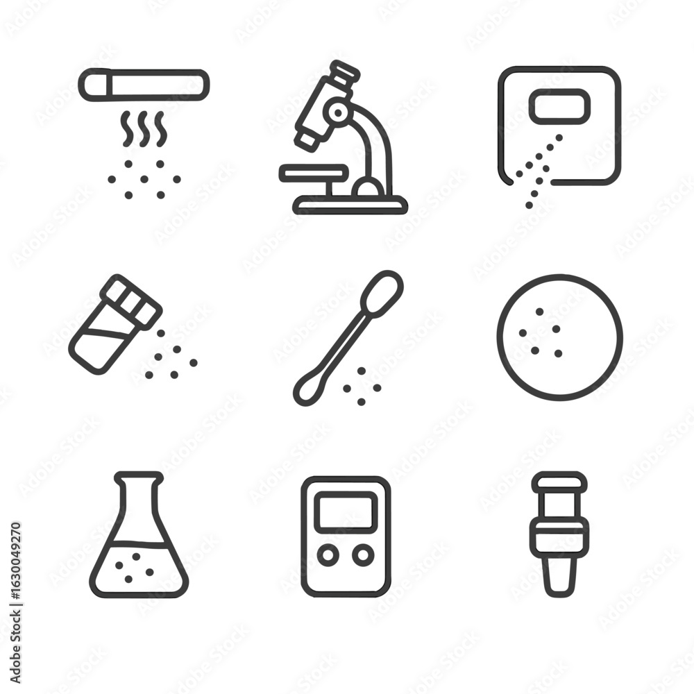 Poster residue detection icons. outline icon set of residue and trace detection: uv light, microscope, sens