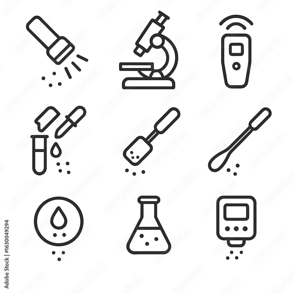 Aufkleber residue detection icons. outline icon set of residue and trace detection: uv light, microscope, sens
