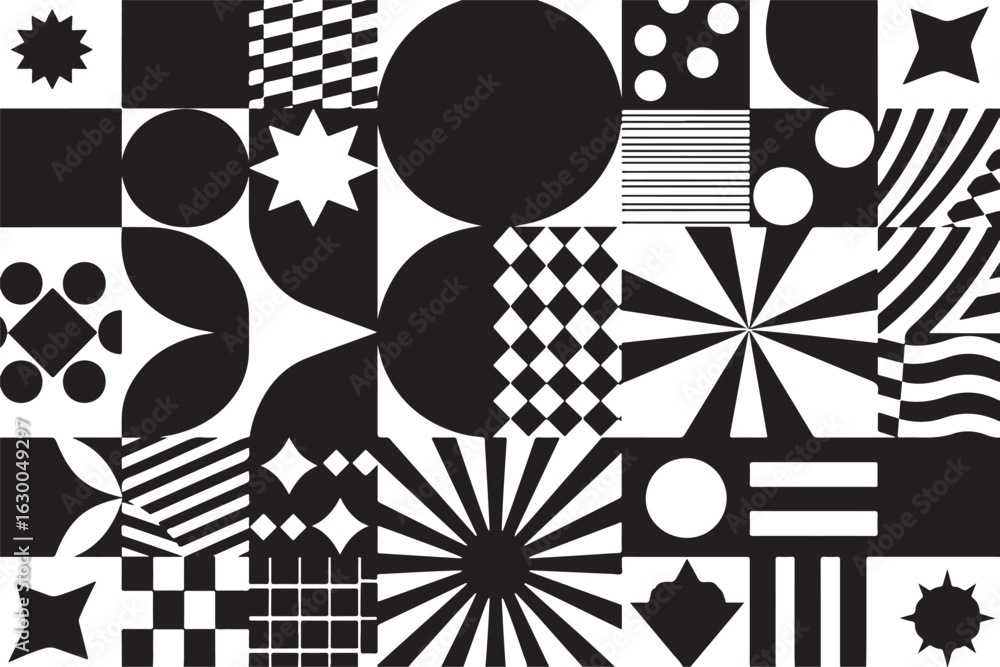 Poster abstract black and white geometric shapes pattern with circles squares and lines