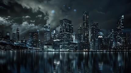 The future urban night view is a stunning fusion of advanced technology and architectural innovation, where skyscrapers adorned with dynamic holographic displays pierce the dark sky