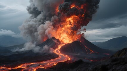 Volcanic Eruption with Lava Flow and Ash Cloud