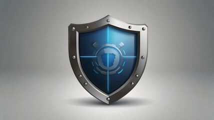 Futuristic digital security shield icon for cybersecurity and data protection. 3D metallic emblem with glowing blue center on an isolated background.