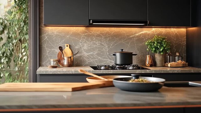 Modern kitchen countertop with dark cabinets and stone backsplash.