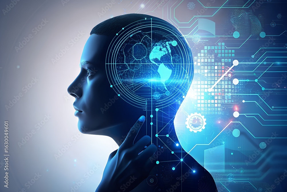 Poster artificial intelligence brain with digital network connections