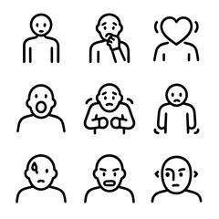 Fear Reaction Icons. Outline icon set of fear reactions: frozen figure, biting nails, heart pounding, wide open mouth, raised