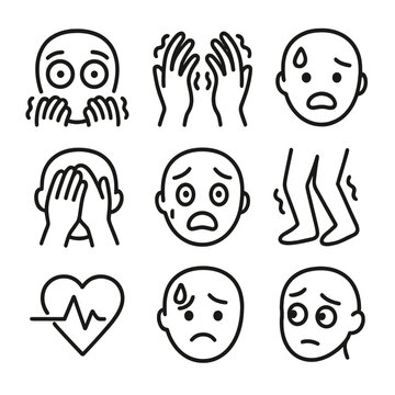 Fear Emotion Icons. Outline icon set of fear emotions: wide eyes, trembling hands, sweating face, hiding behind hands, fearful