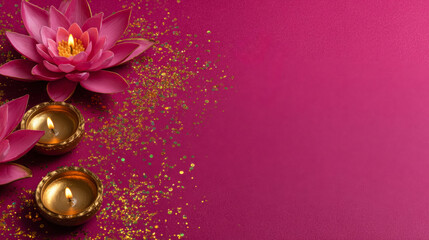 Glowing oil lamps and vibrant lotus flowers create a festive atmosphere for Diwali celebrations