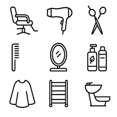 Hairdressing Icons Grid. Outline icon set of hairdressing salon station: styling chair, hairdryer, scissors,