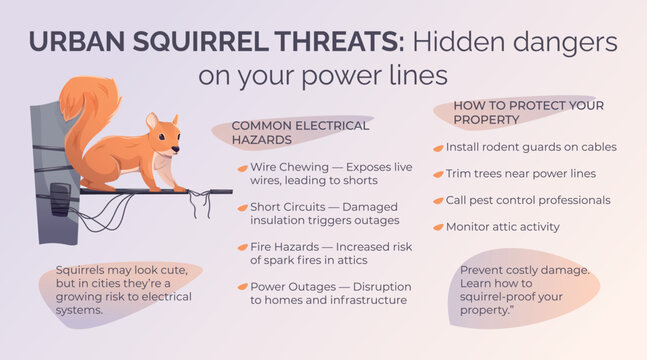 Urban cartoon squirrel danger infographic. Vector poster with power line damage risks caused by rodents. Tips to protect your home from wire-chewing squirrels.