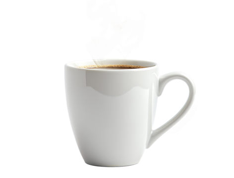 White ceramic mug filled with hot coffee emitting steam isolated on a transparent background image