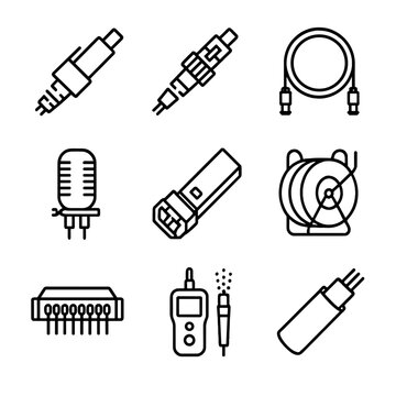 Fiber Optic Icons. Outline icon set of fiber optic cables: single-mode fiber connector, multimode fiber connector, fiber patch