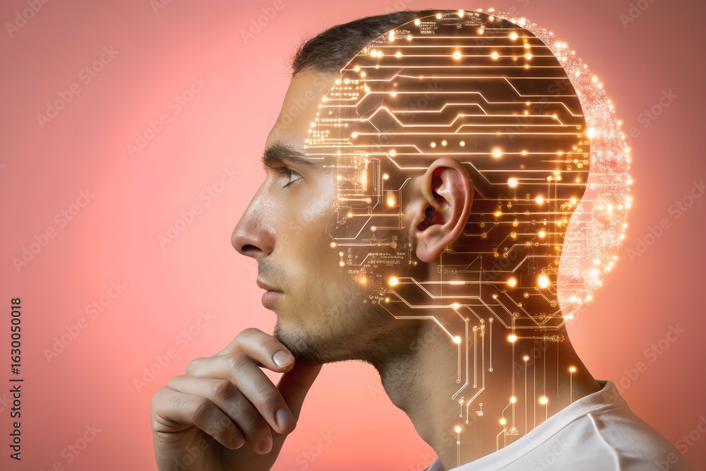 Aufkleber man s head with glowing digital circuit patterns representing artificial intelligence