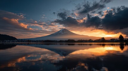Majestic snow-capped mountain reflecting in a calm lake, framed by a stunning sunset sky