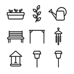 Rooftop Garden Icons. Outline icon set of rooftop garden fresh air: planter box outline, climbing vine, watering can silhouette,