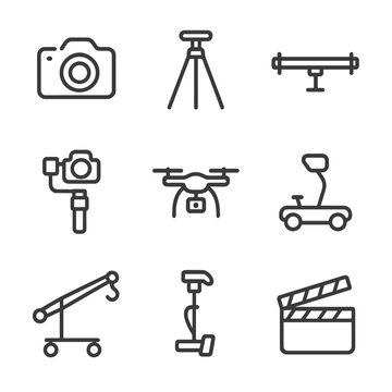 Film Equipment Icons. Outline icon set of film shot equipment: camera, tripod, slider, gimbal, drone, dolly, crane, steadicam,