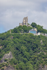 Close up of the Drachenfels, seen from Grafenwerth Island in Bad Honnef
