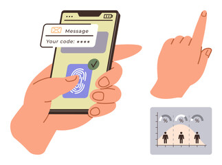 Smartphone authentication with OTP code in message and biometric fingerprint scanning. Finger pointing upward and data graph icon of population distribution. Ideal for security, technology, digital