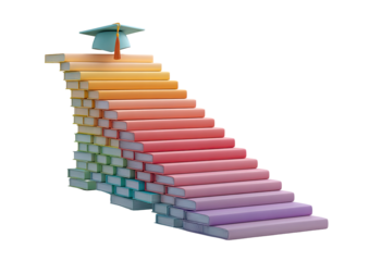 Colorful book-stacked staircase leading upward, topped by a graduation cap