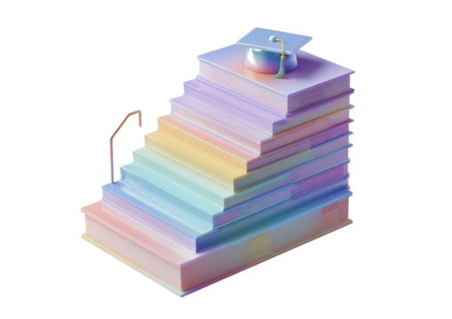 Pastel-toned books stacked as a stairway, topped with a graduation cap.  A subtle handrail is implied
