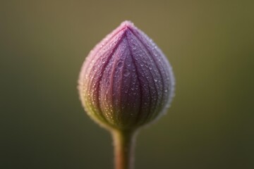 Close-Up View of a Water Droplet-Covered Flower Bud in Soft Light with a Gradual Color Transition from Purple to Green